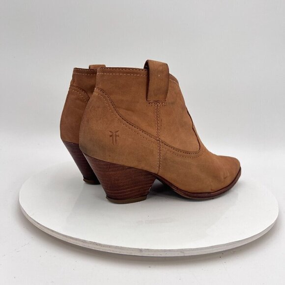 Frye Reina Women Size 5.5M Brown Cognac Suede Side Zip Heel Block Ankle Boot - Picture 5 of 16